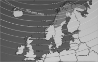 Dosah pol�rn� z��e - Linie Kp indexu pro Evropu
